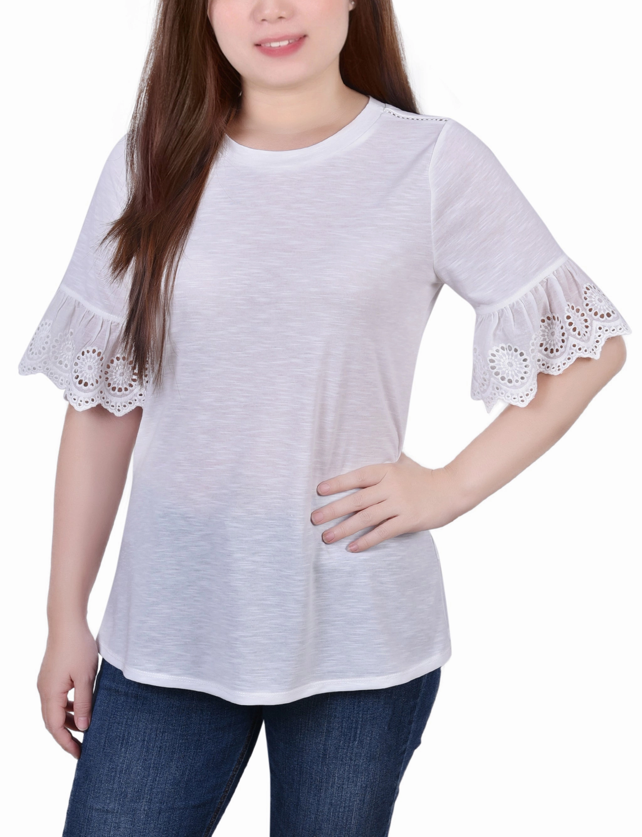 Short Bell Sleeve Slubbed Top AntiPilling Technology Reinforced Elbow Patches