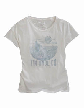 Tin Haul Womens White 100% Cotton Blue Moon Arising S/S T-Shirt Metallic Finish