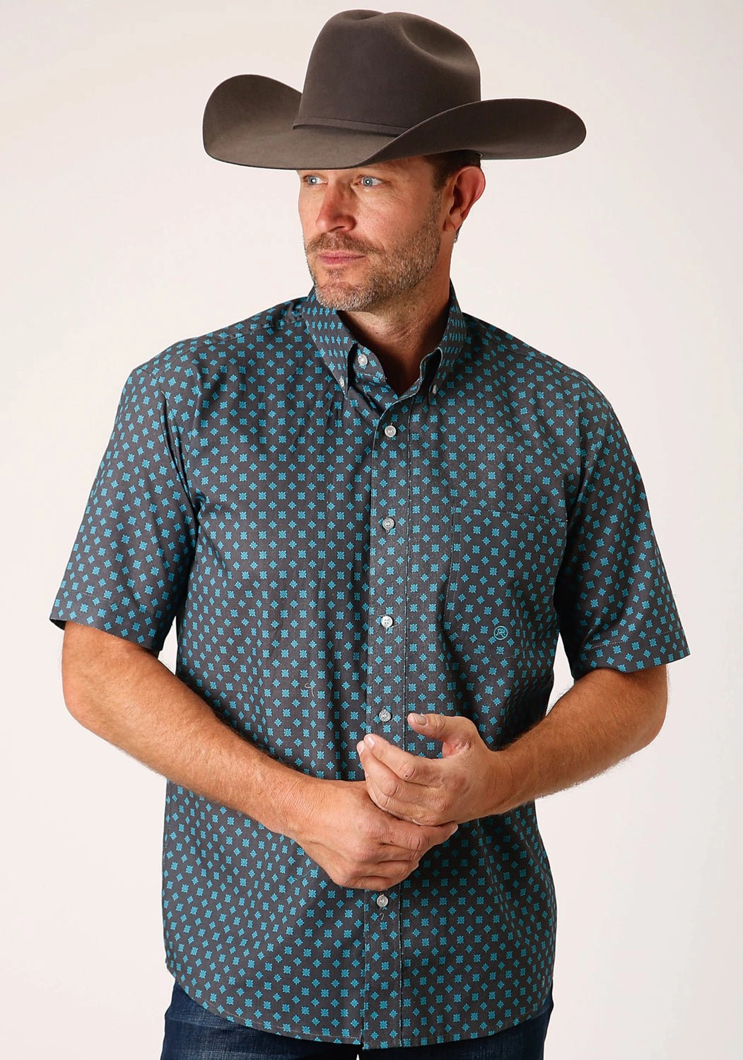 Bold Graphics Creative Professional Roper Mens Grey 100% Cotton Cottage Foulard BD S/S 1 Pkt Shirt