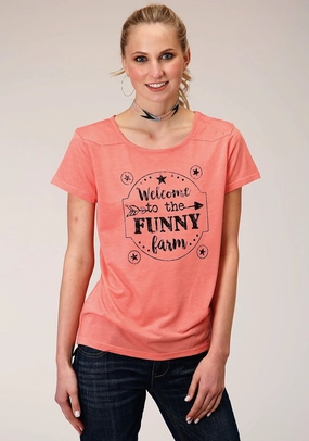 Quick Release Placket Relaxed Design Roper Womens Funny Farm Pink Poly/Rayon S/S T-Shirt