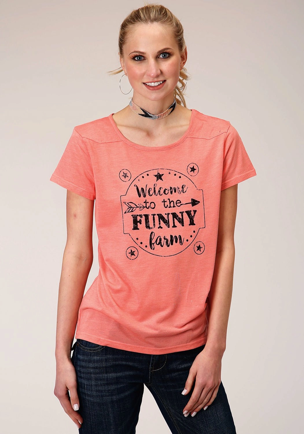 Quick Release Placket Relaxed Design Roper Womens Funny Farm Pink Poly/Rayon S/S T-Shirt