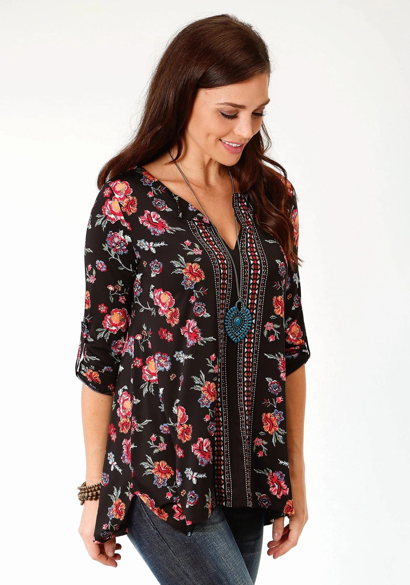 Snug feel Roper Womens Black Poly/Spandex Shark Bite Floral S/S Tunic