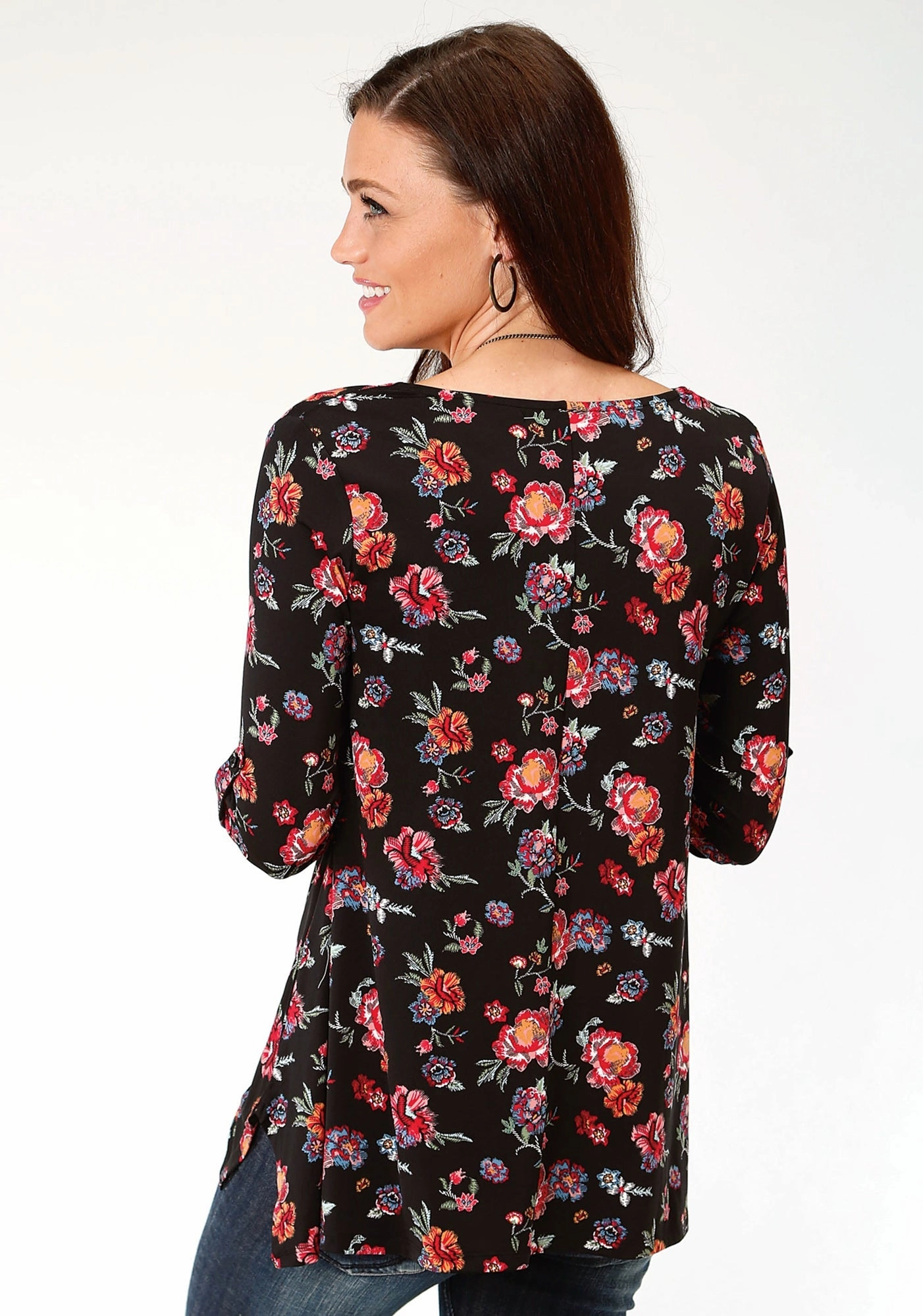 Roper Womens Black Poly/Spandex Shark Bite Floral S/S Tunic Relaxed Fit Timeless Comfort
