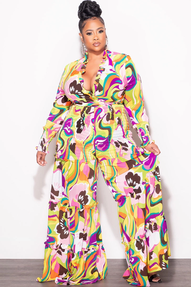 Final Sale Size 2pc Chiffon Crop Tie Top and Frill Pants Set in Multi Color Print StretchMaterial