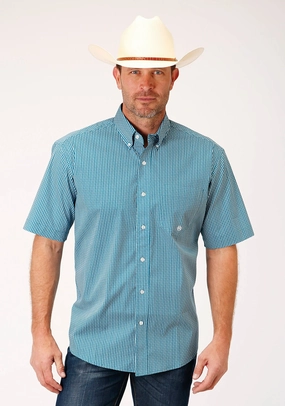 Roper Mens Teal Cotton Blend Arrow Rope BD S/S 1 Pkt Shirt Two Tone Stitching Unstructured Shoulder