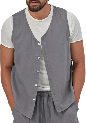 Vest for Men Casual Linen Waistcoat Button Down Sleeveless Thin Vest Beach Cardigan Outdoor Casual Tops Business Suit