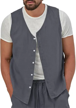 Vest for Men Casual Linen Waistcoat Button Down Sleeveless Thin Vest Beach Cardigan Outdoor Casual Tops Business Suit