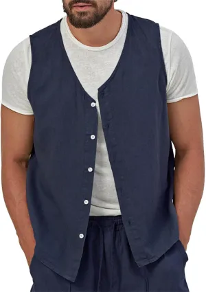 Vest for Men Casual Linen Waistcoat Button Down Sleeveless Thin Vest Beach Cardigan Outdoor Casual Tops Business Suit