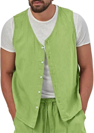 Vest for Men Casual Linen Waistcoat Button Down Sleeveless Thin Vest Beach Cardigan Outdoor Casual Tops Business Suit