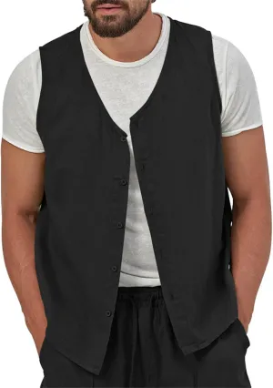 Vest for Men Casual Linen Waistcoat Button Down Sleeveless Thin Vest Beach Cardigan Outdoor Casual Tops Business Suit