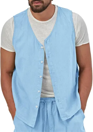 Vest for Men Casual Linen Waistcoat Button Down Sleeveless Thin Vest Beach Cardigan Outdoor Casual Tops Business Suit