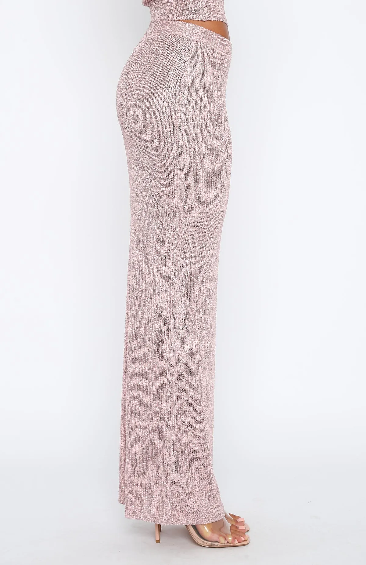 Leg Elongating Scalloped Edge Star Shining Sequin Knit Maxi Skirt Pink