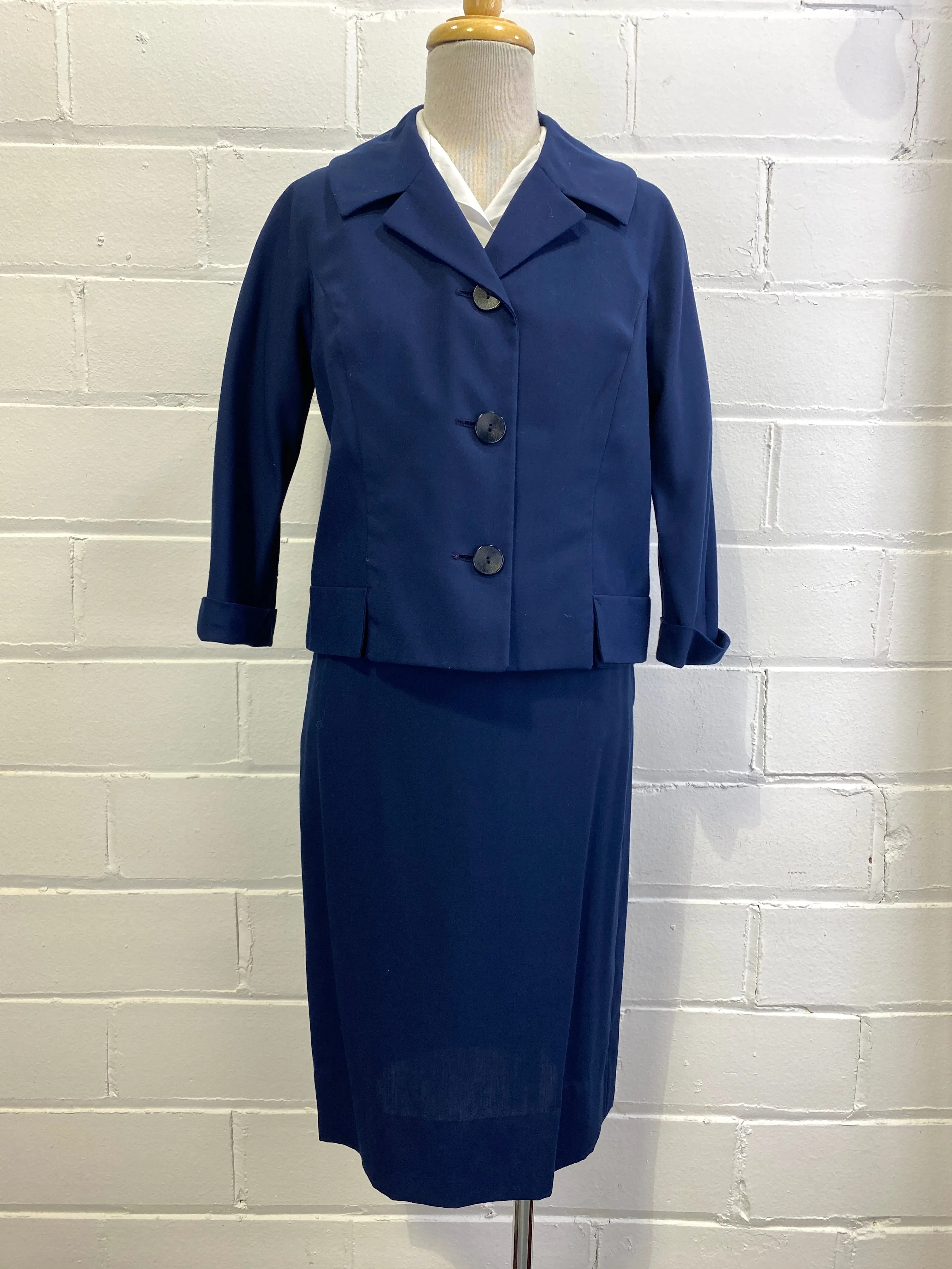 Vintage 1960s 2-Piece Navy Skirt Suit, Small