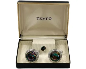 Vintage 1960s Rivoli Watermelon Rhinestone Cufflinks Set NOS