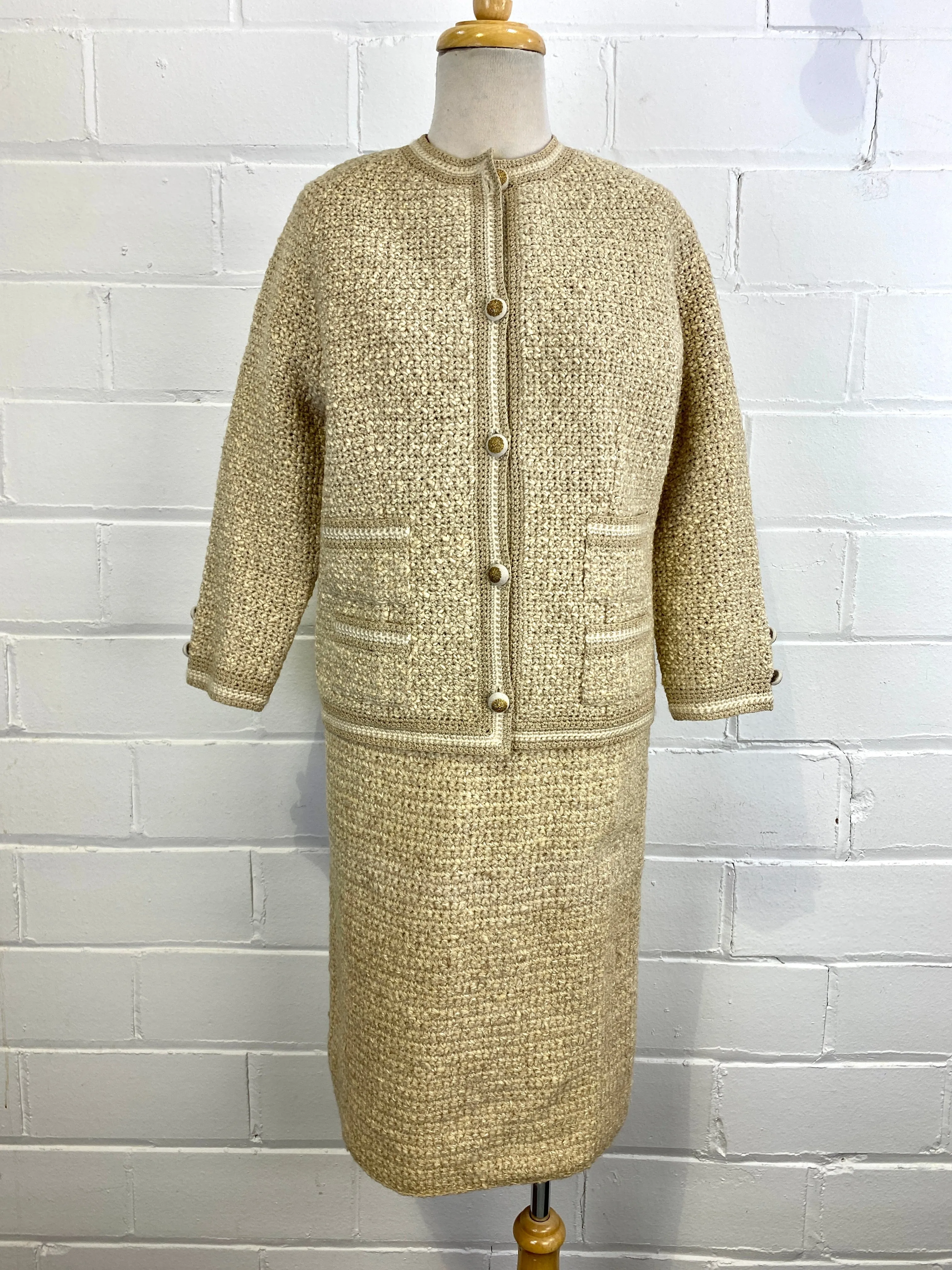 Vintage Deadstock 1960s French Designer Knit Wool 2-Piece Skirt Suit, Small