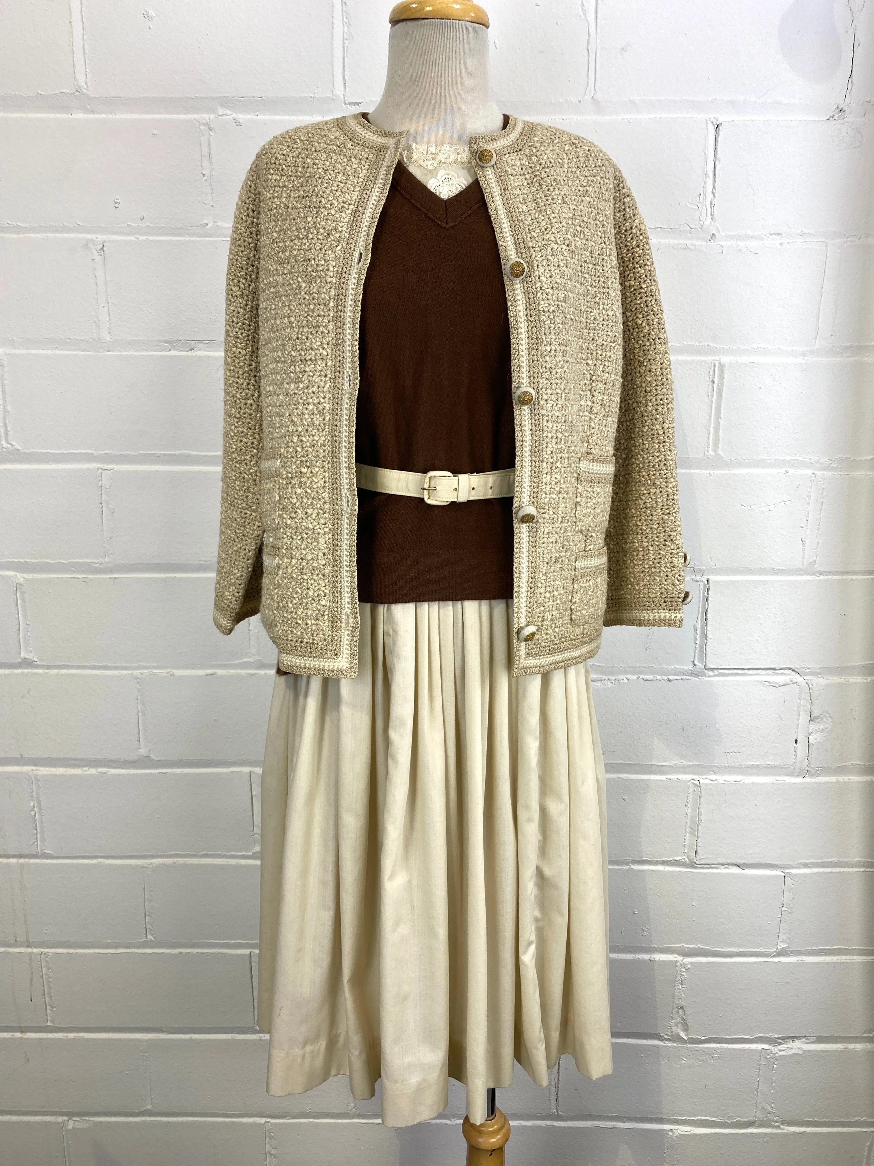 Vintage Deadstock 1960s French Designer Knit Wool 2-Piece Skirt Suit, Small