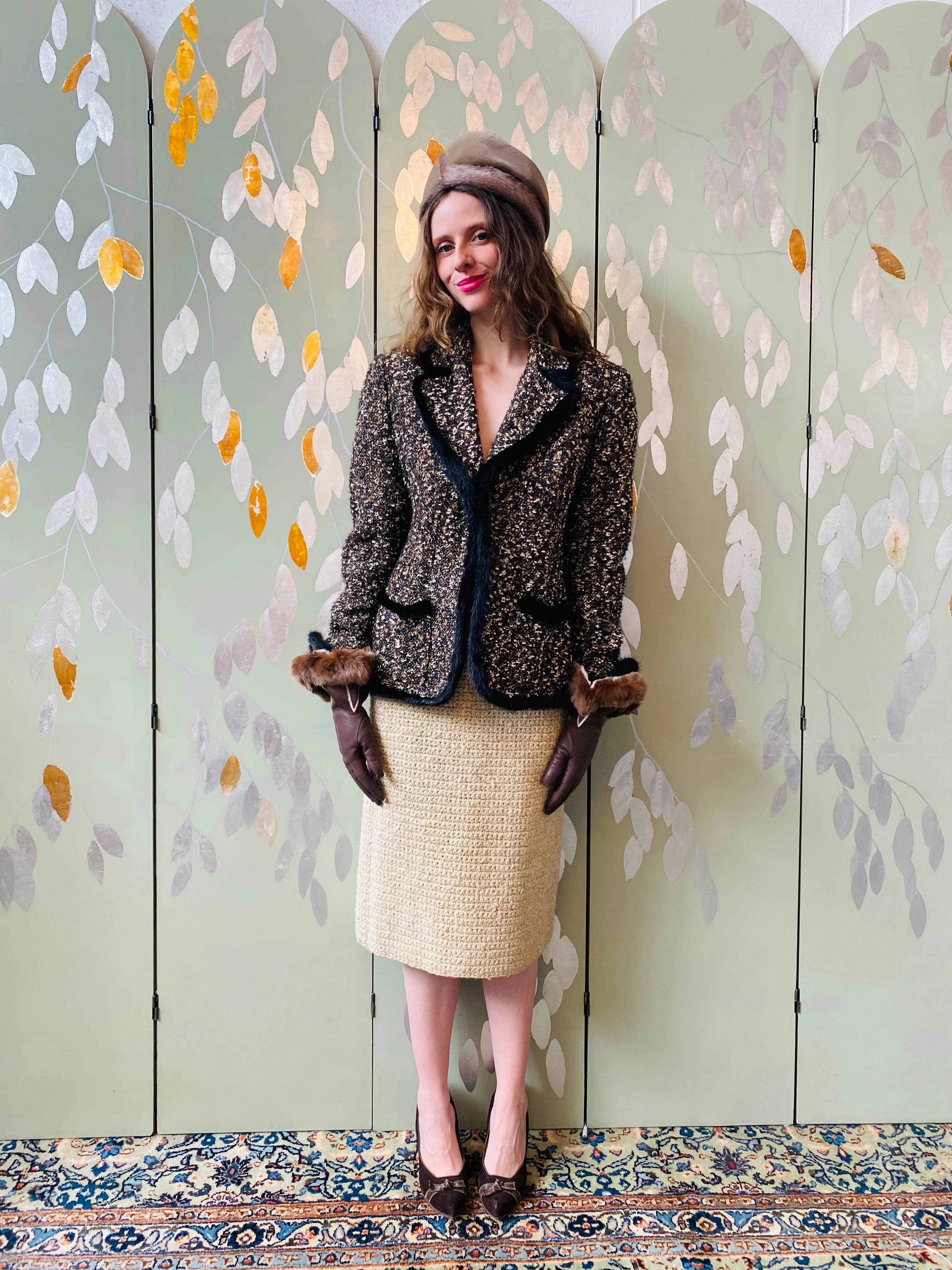 Vintage Deadstock 1960s French Designer Knit Wool 2-Piece Skirt Suit, Small