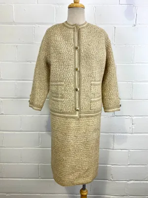 Vintage Deadstock 1960s French Designer Knit Wool 2-Piece Skirt Suit, Small