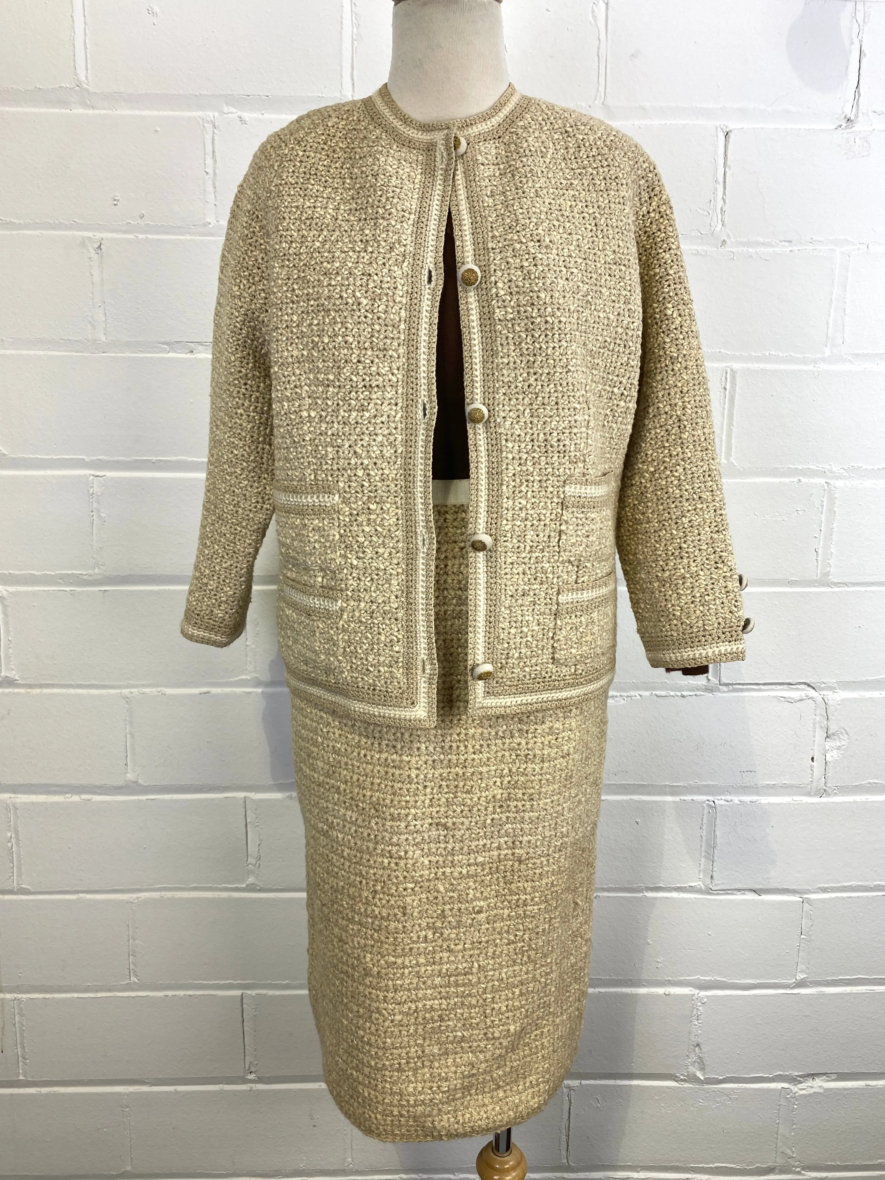 Vintage Deadstock 1960s French Designer Knit Wool 2-Piece Skirt Suit, Small