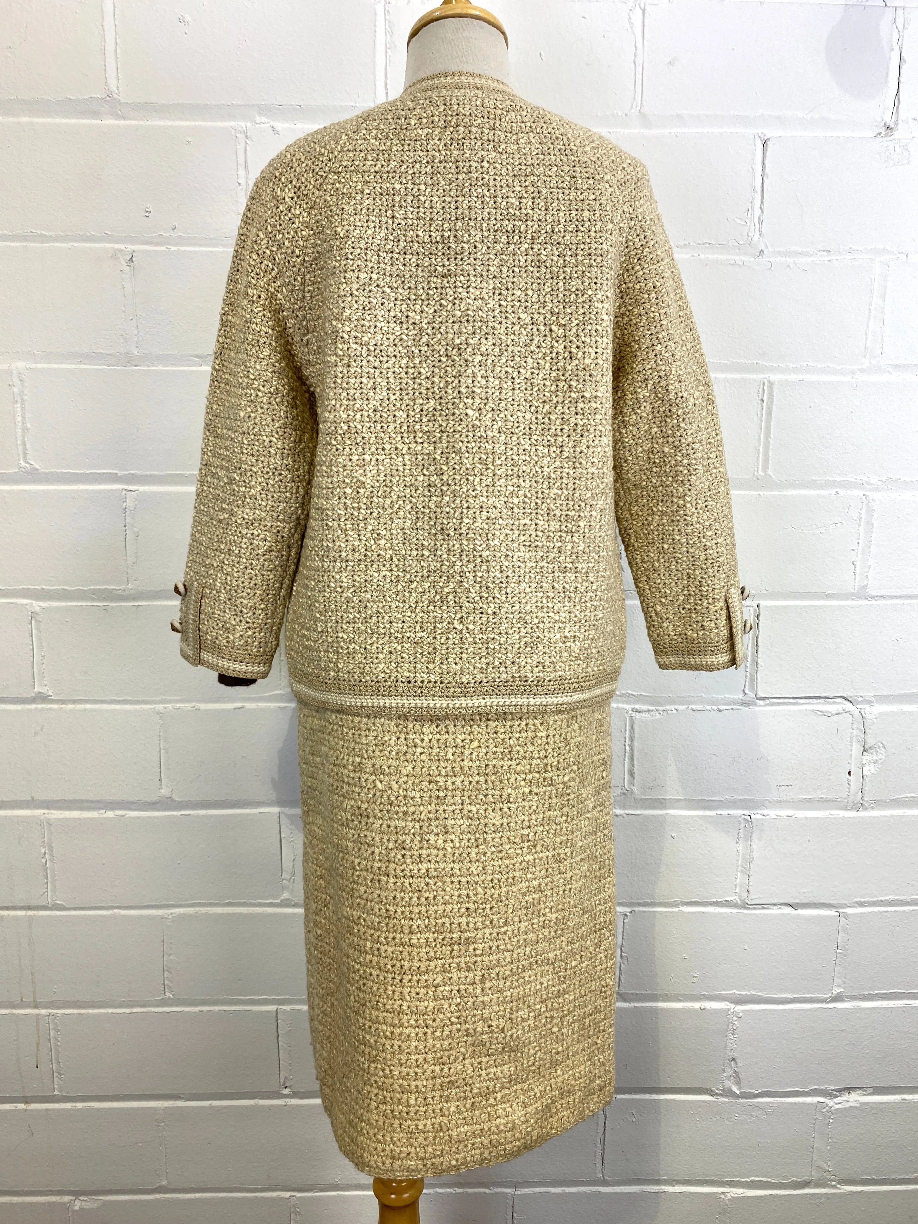 Vintage Deadstock 1960s French Designer Knit Wool 2-Piece Skirt Suit, Small