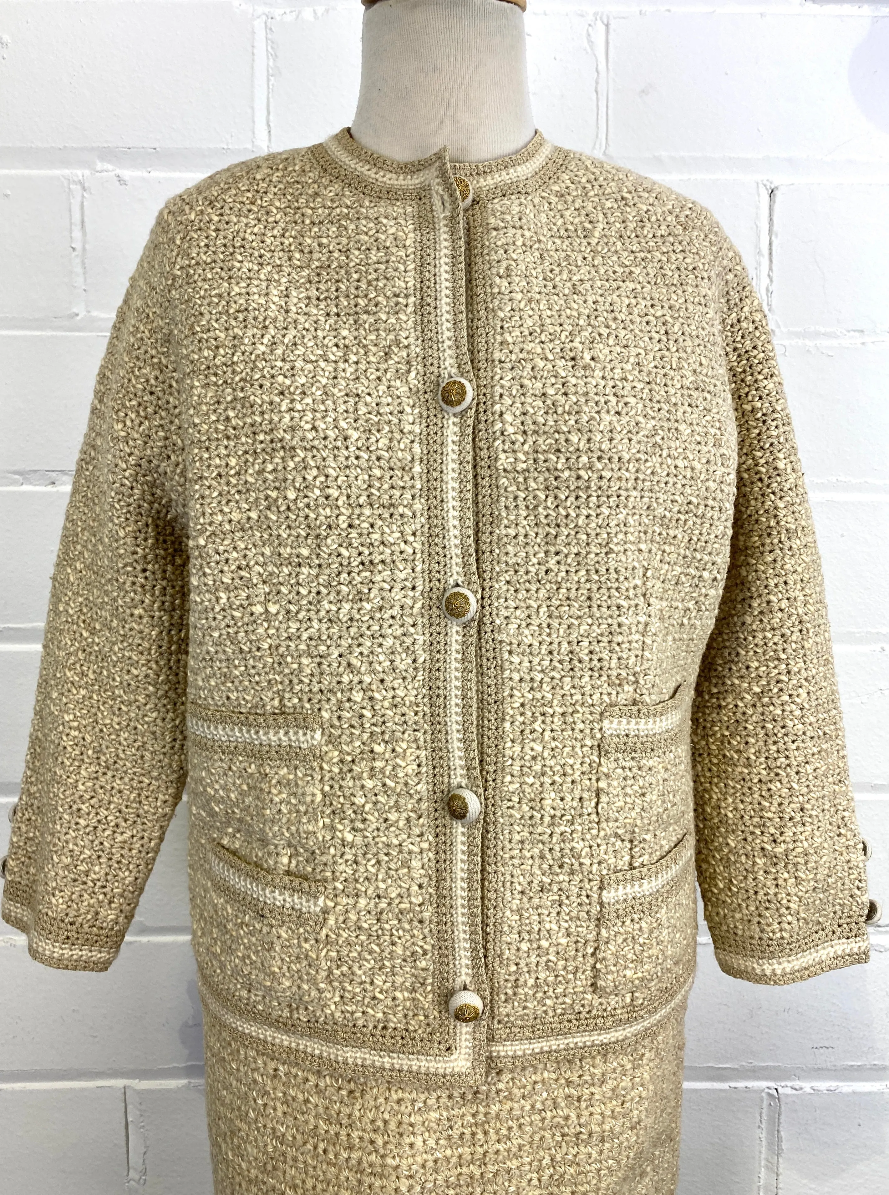 Vintage Deadstock 1960s French Designer Knit Wool 2-Piece Skirt Suit, Small