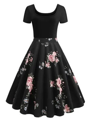 Vintage Floral Short Sleeve Scoop Neck Flared High Waist Midi Plus Size Dress