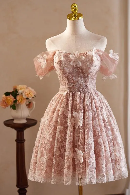 Vintage Off the Shoulder Pink Homecoming Dress with Flower Appliques