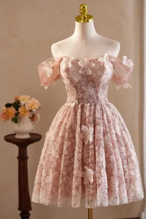 Vintage Off the Shoulder Pink Homecoming Dress with Flower Appliques