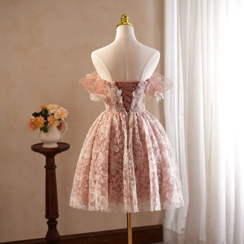 Vintage Off the Shoulder Pink Homecoming Dress with Flower Appliques