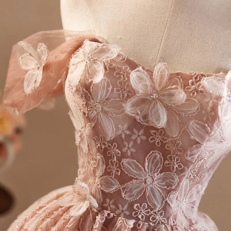 Vintage Off the Shoulder Pink Homecoming Dress with Flower Appliques