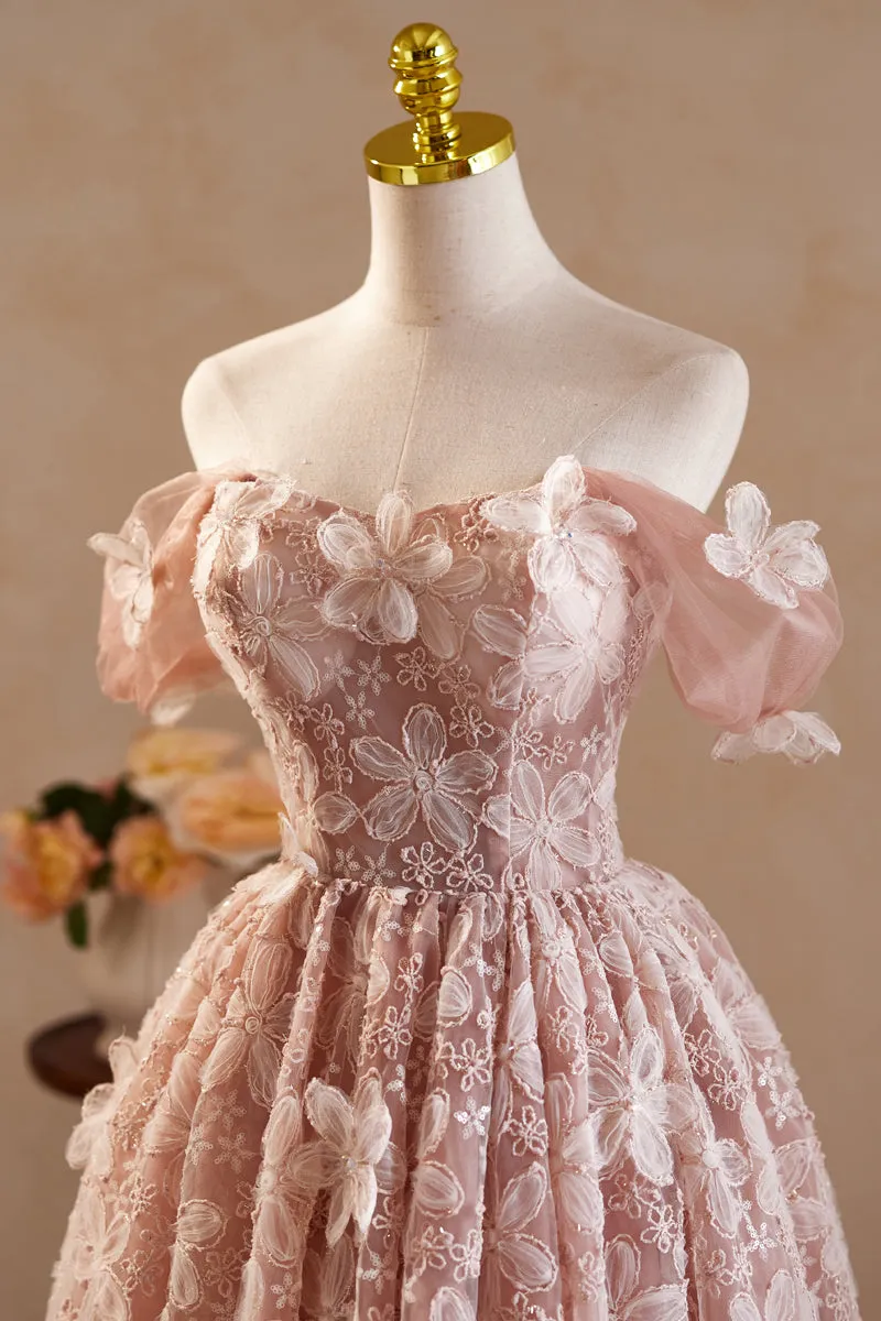 Vintage Off the Shoulder Pink Homecoming Dress with Flower Appliques