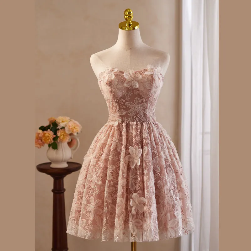 Vintage Off the Shoulder Pink Homecoming Dress with Flower Appliques