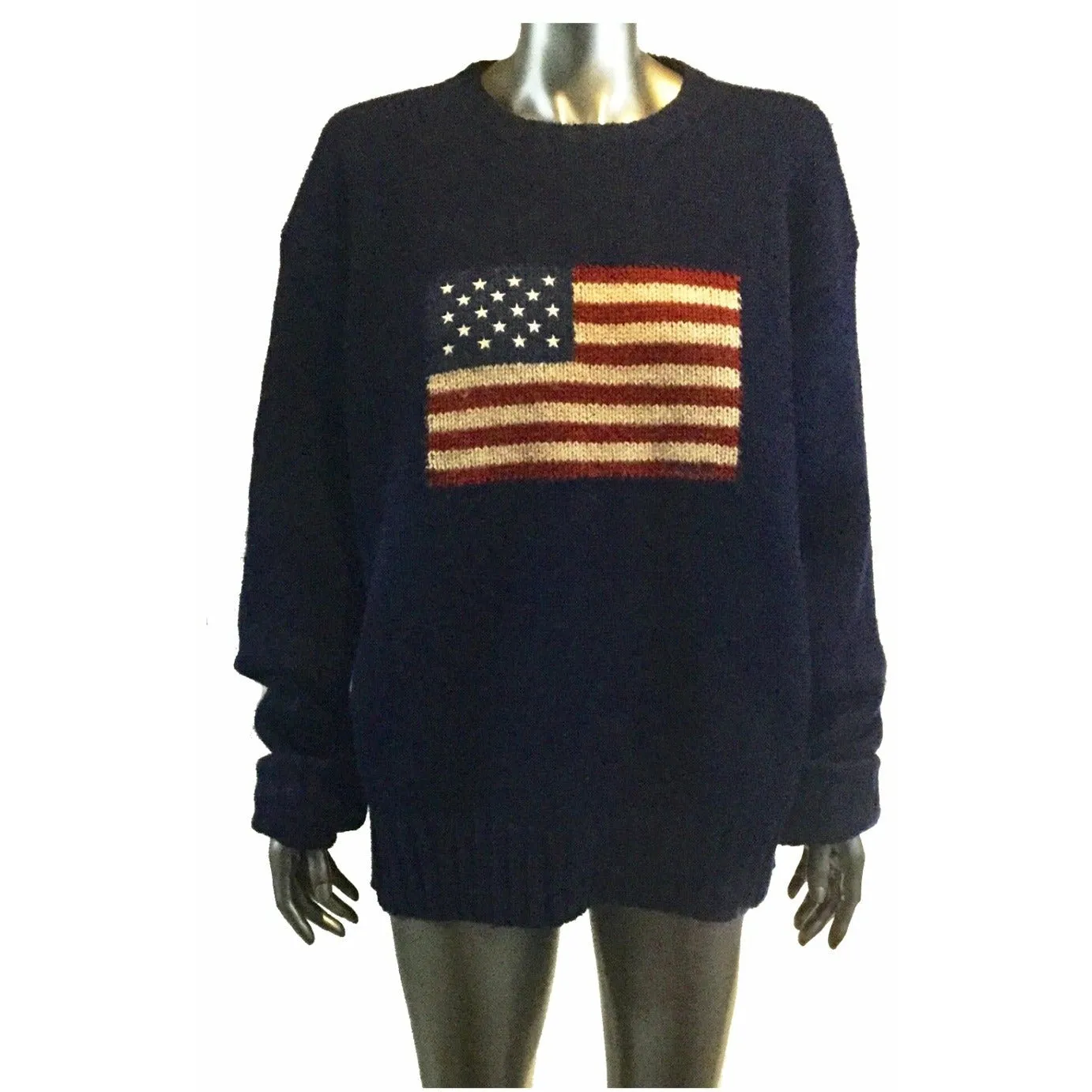 VINTAGE POLO Ralph Lauren American Flag Sweater XL Navy, Knit Lambswool Crew