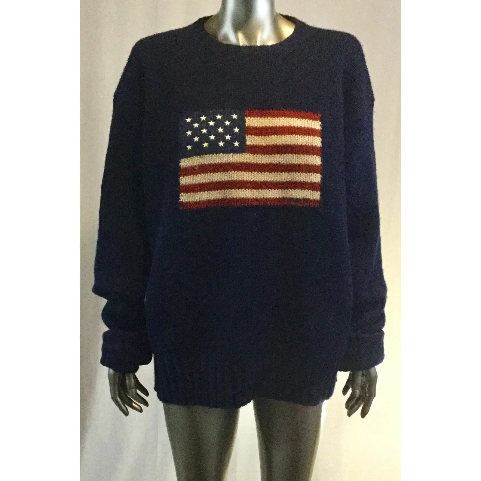 VINTAGE POLO Ralph Lauren American Flag Sweater XL Navy, Knit Lambswool Crew
