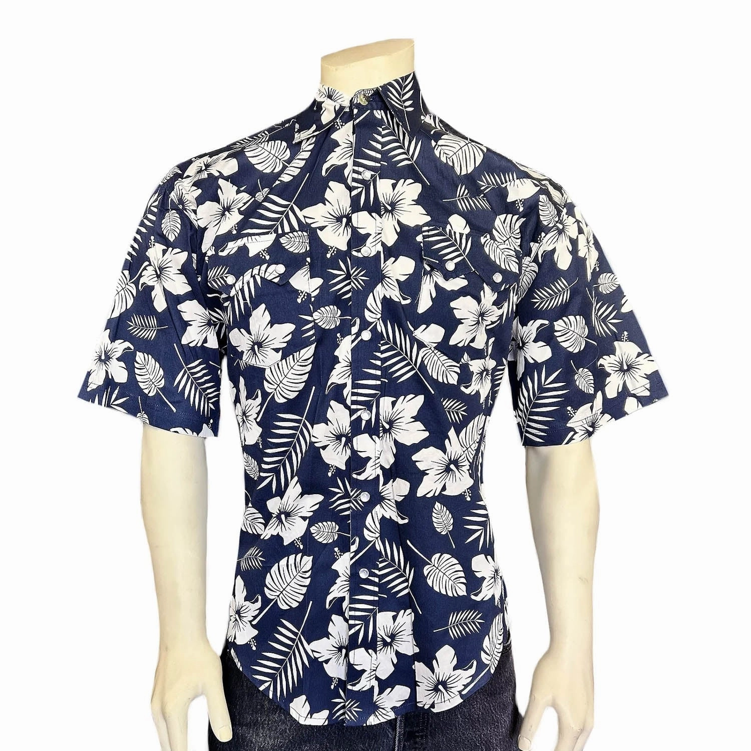 Rockmount Mens Floral Print Western Navy 100% Cotton S/S Shirt Geometric Print Athletic Cut