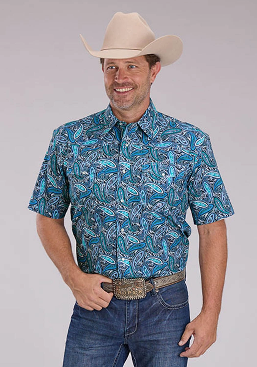 Fitted Shape Roper Mens Sky Paisley Blue 100% Cotton S/S Shirt