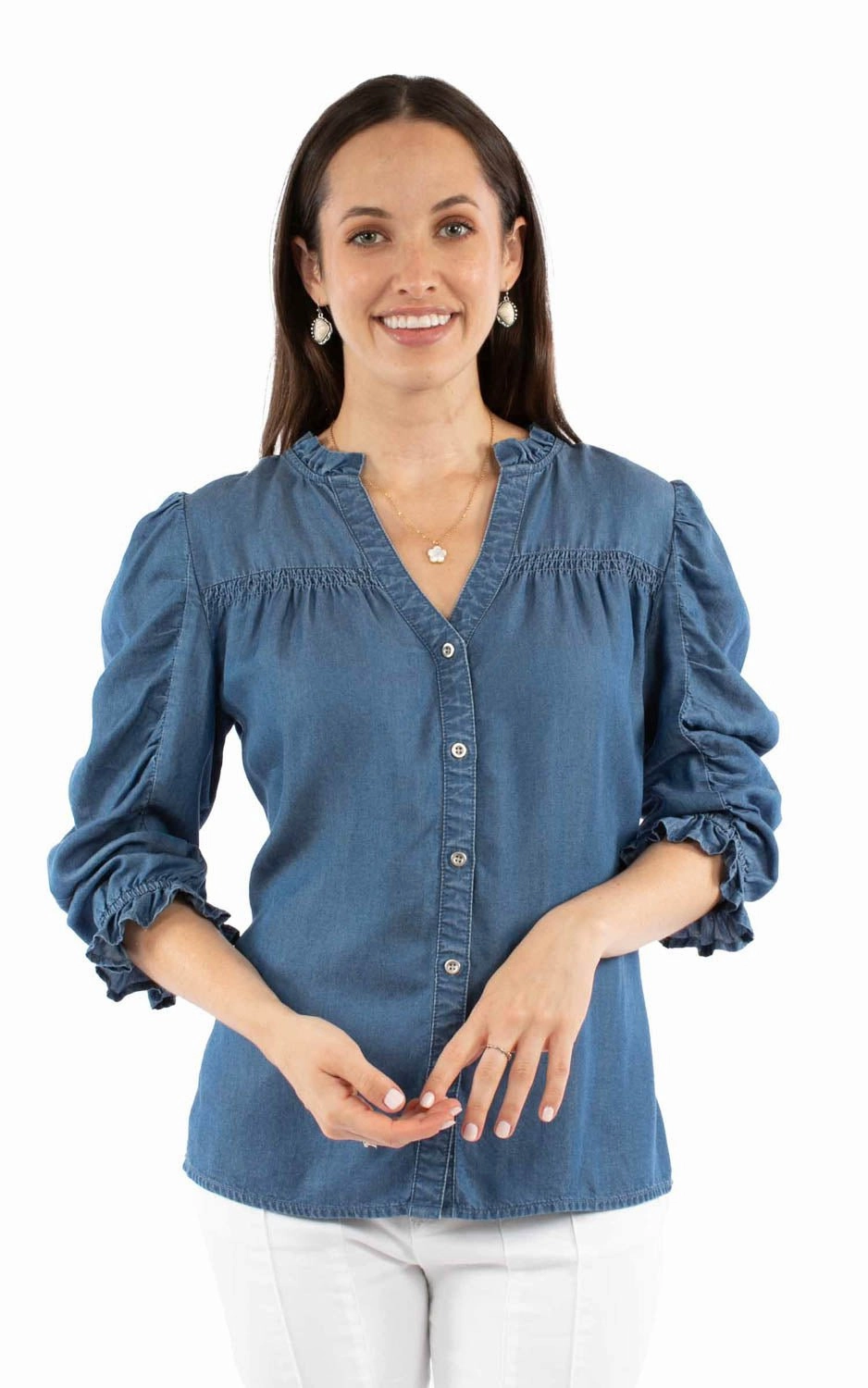 Scully Womens V-neck Ruffle Detail Blue Lyocell 3/4 Sleeve S/S Blouse Beach Attire Special Occasion