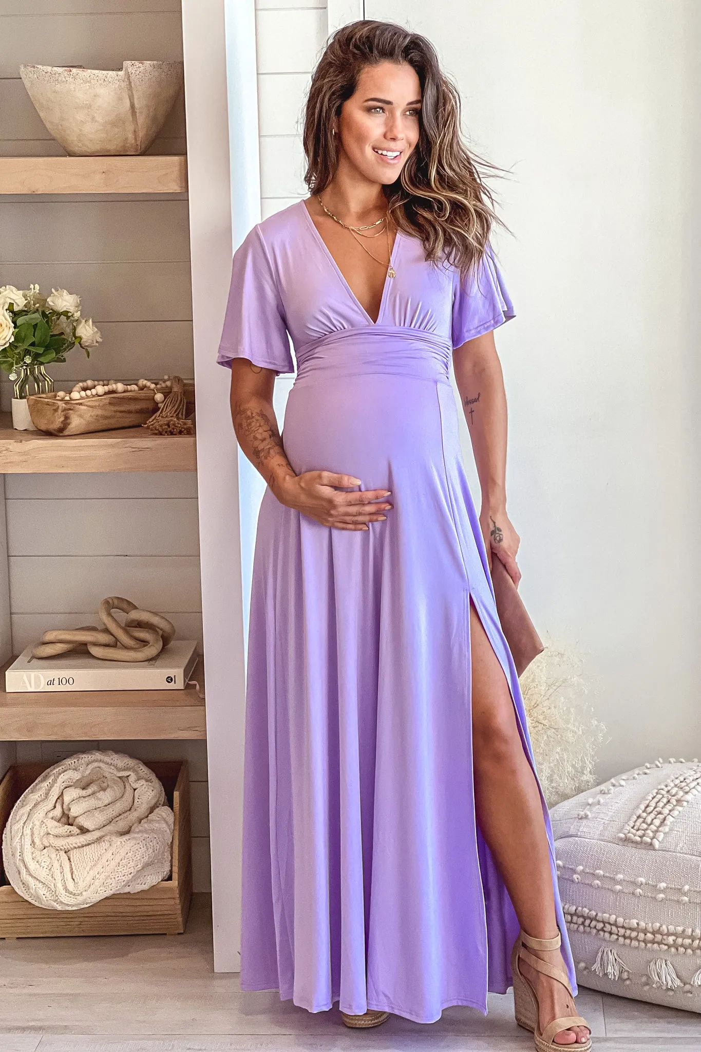 Violet Maternity Maxi Dress with Slit and Short Sleeves