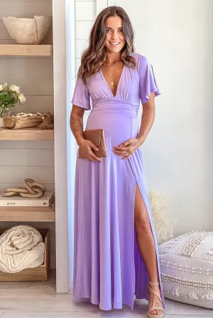 Violet Maternity Maxi Dress with Slit and Short Sleeves