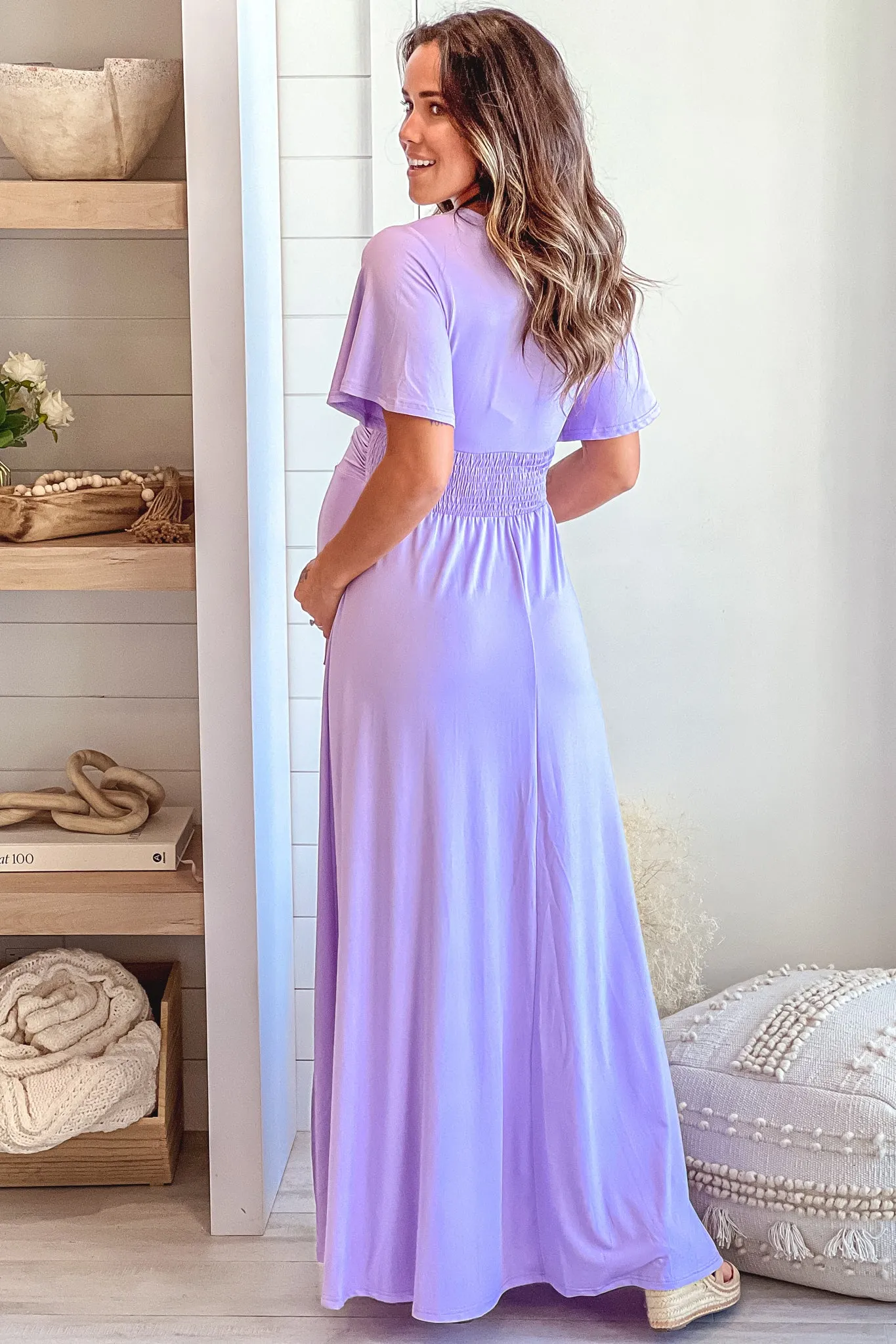 Violet Maternity Maxi Dress with Slit and Short Sleeves