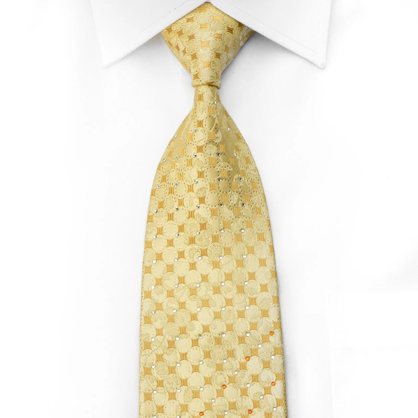 Vito Rufolo Men's Crystal Rhinestone Necktie Geometric Floral On Yellow With Gold Sparkles