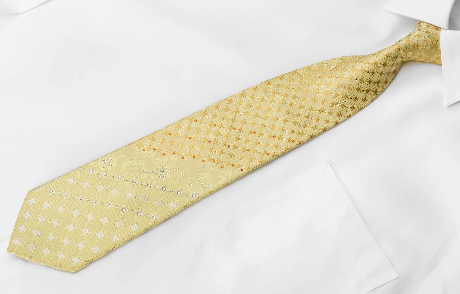 Vito Rufolo Men's Crystal Rhinestone Necktie Geometric Floral On Yellow With Gold Sparkles