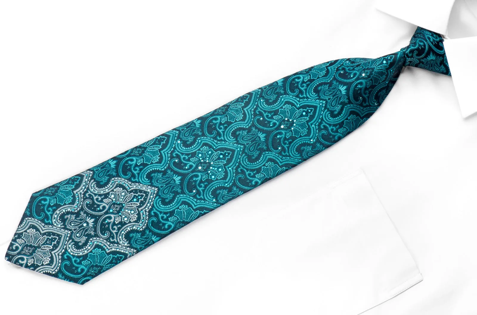 Vito Rufolo Men's Crystal Rhinestone Silk Necktie Damask On Teal With Silver Sparkles