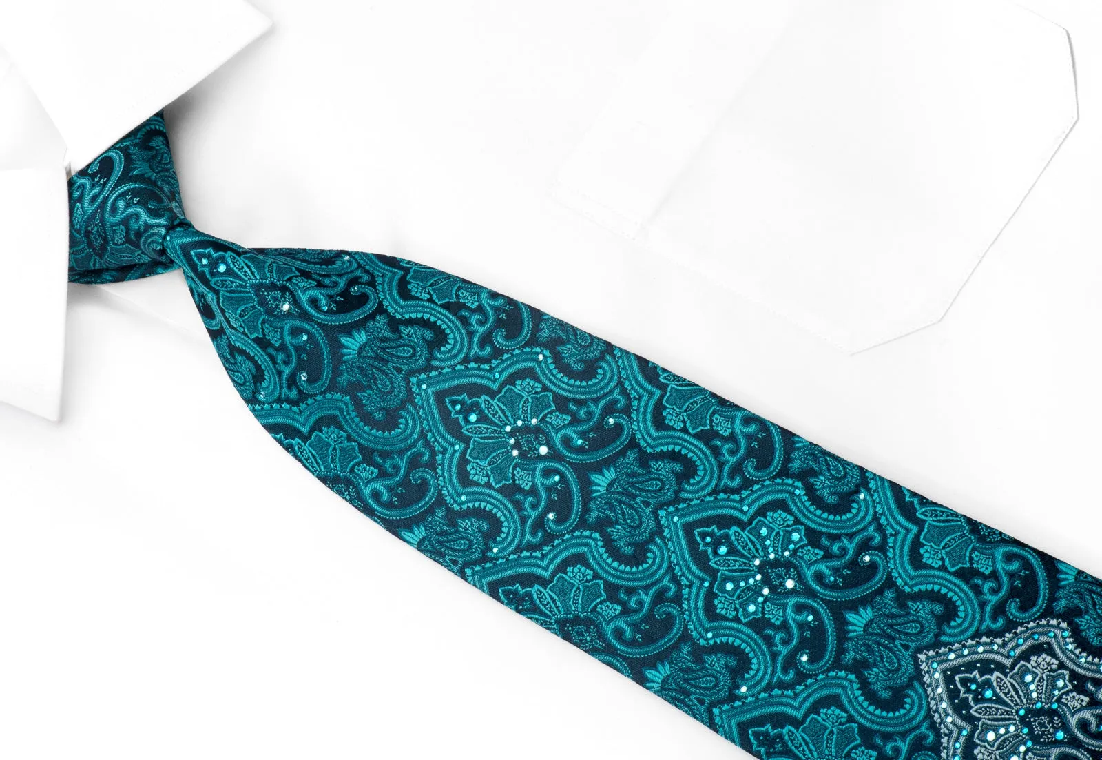 Vito Rufolo Men's Crystal Rhinestone Silk Necktie Damask On Teal With Silver Sparkles