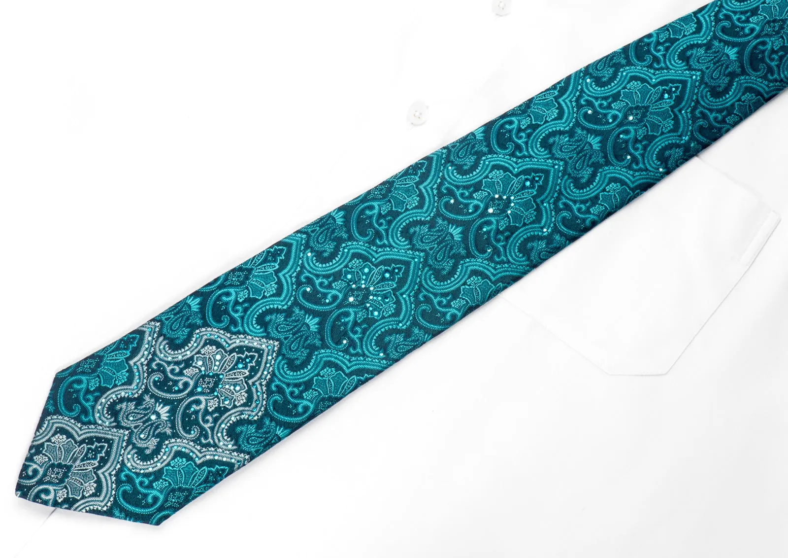 Vito Rufolo Men's Crystal Rhinestone Silk Necktie Damask On Teal With Silver Sparkles