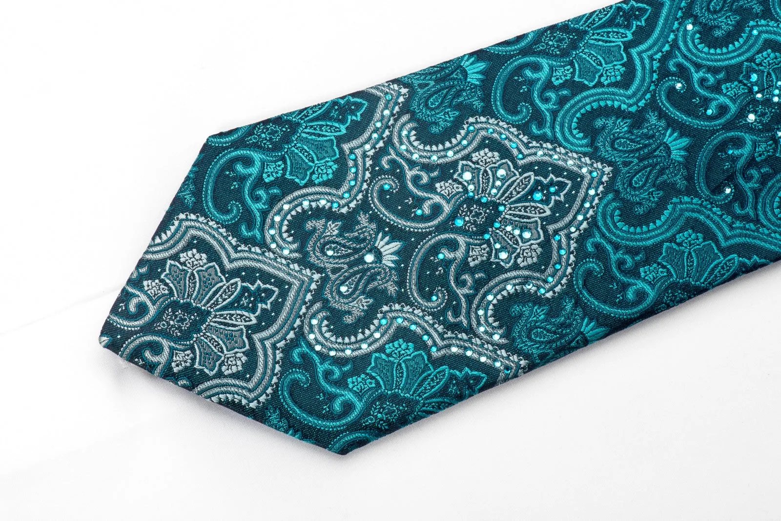 Vito Rufolo Men's Crystal Rhinestone Silk Necktie Damask On Teal With Silver Sparkles