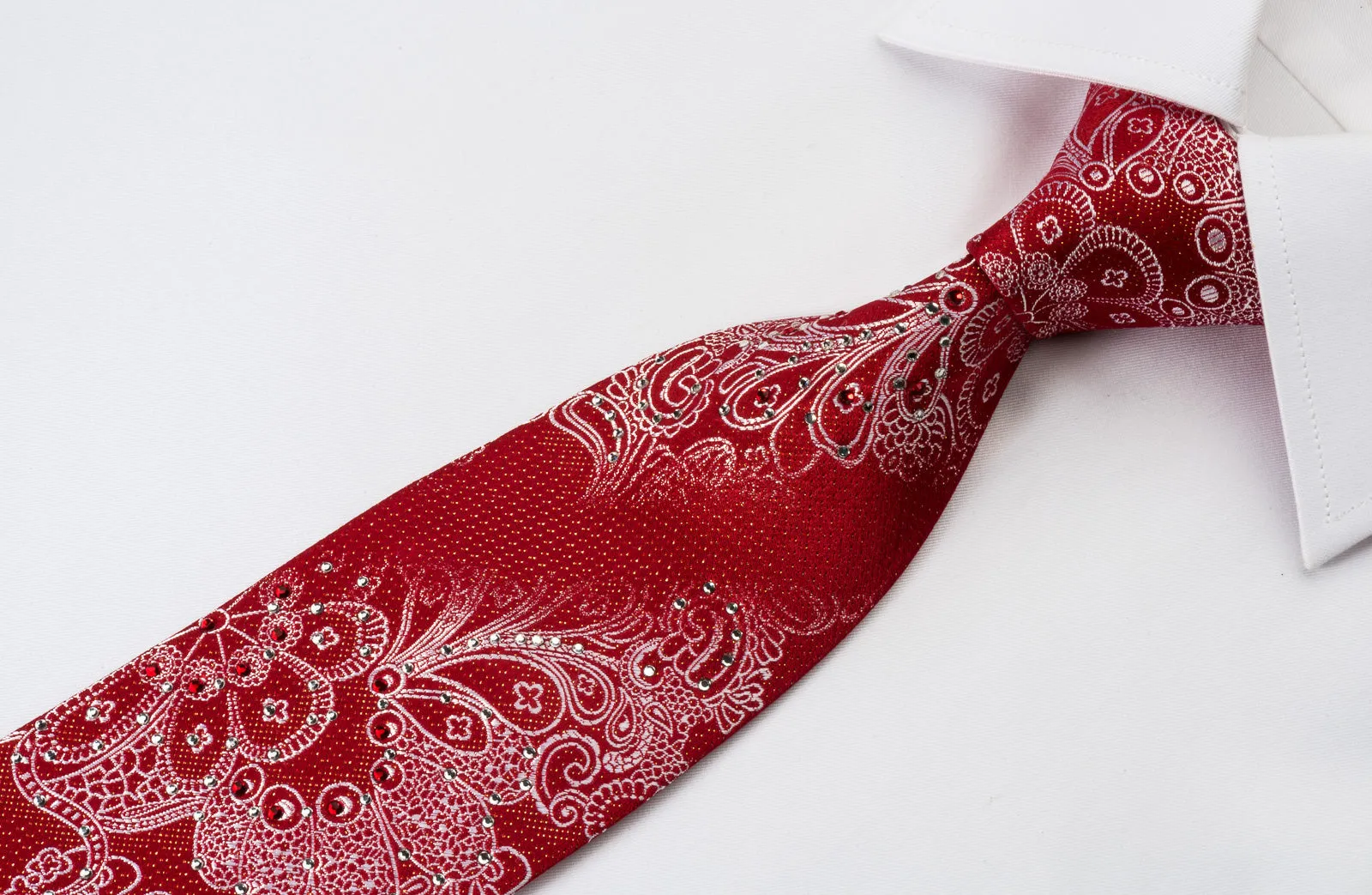 Vito Rufolo Rhinestone Silk Necktie Silver Floral Paisley On Red With Golden Sparkles