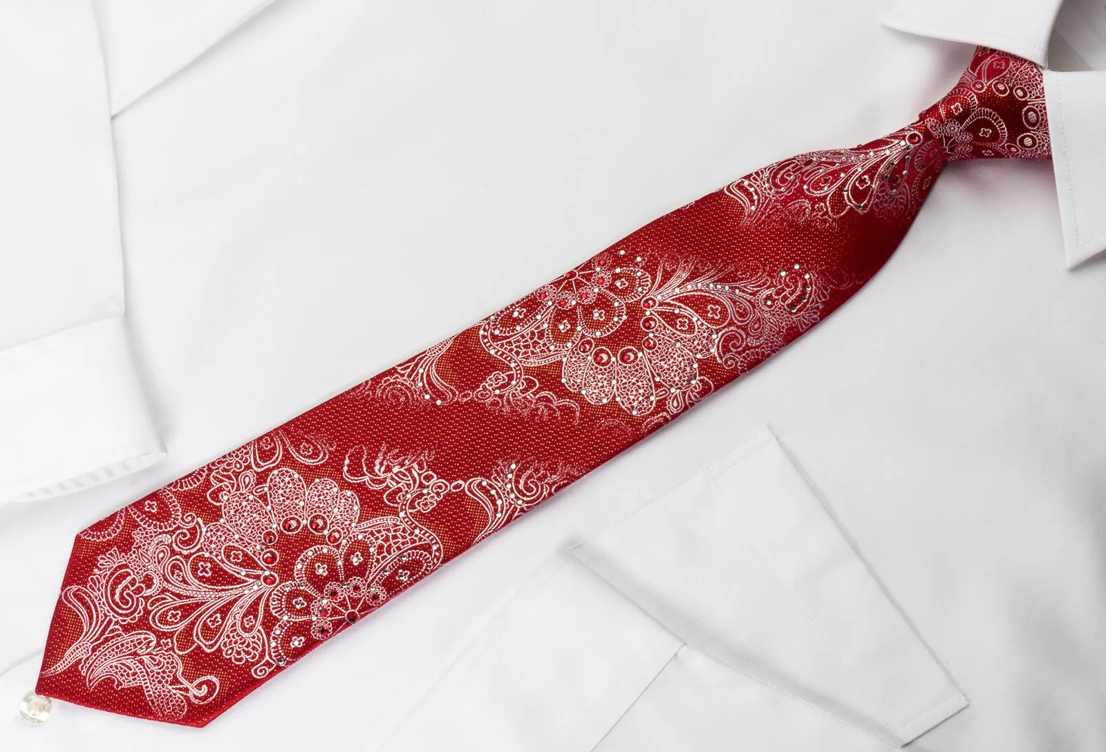 Vito Rufolo Rhinestone Silk Necktie Silver Floral Paisley On Red With Golden Sparkles