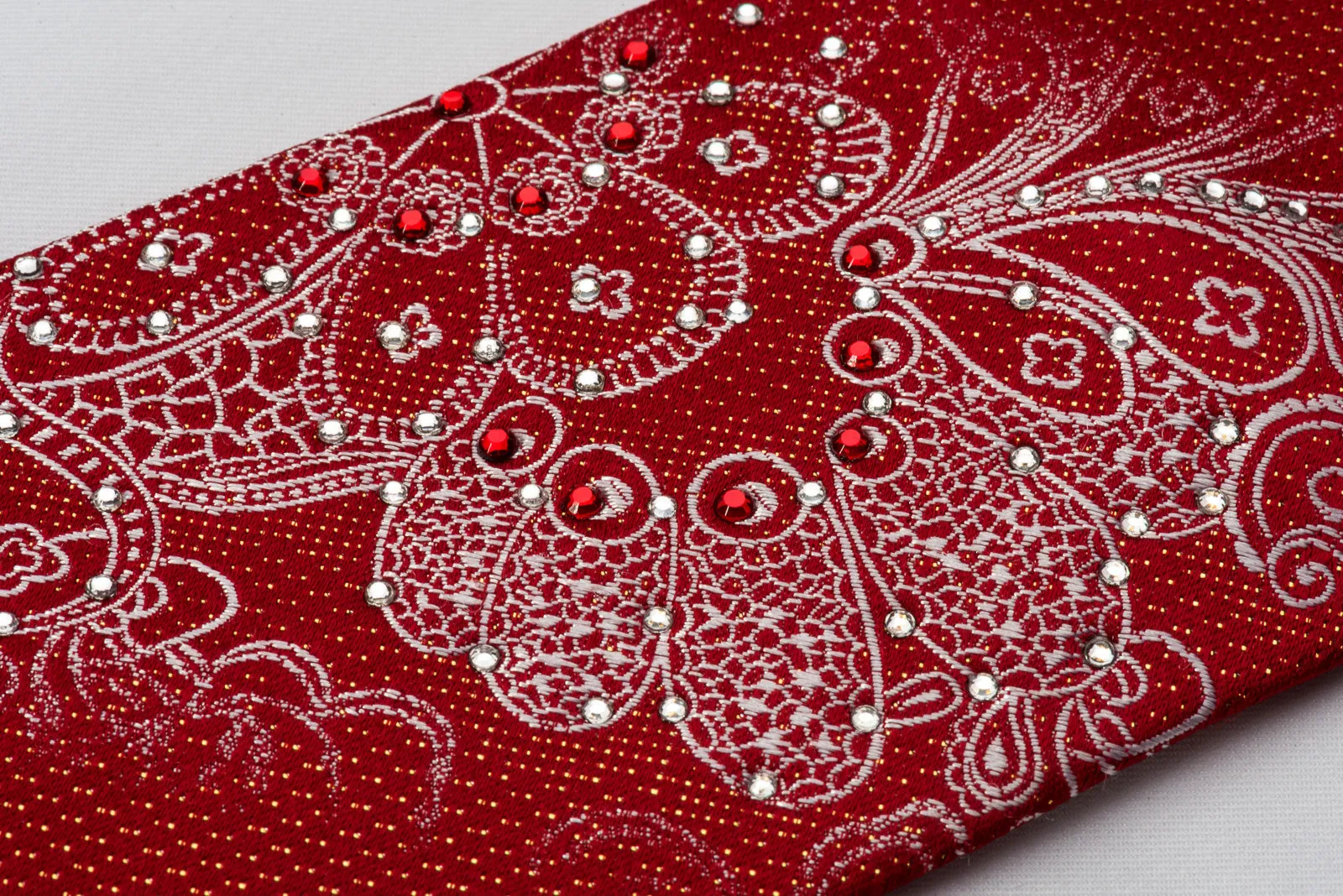 Vito Rufolo Rhinestone Silk Necktie Silver Floral Paisley On Red With Golden Sparkles