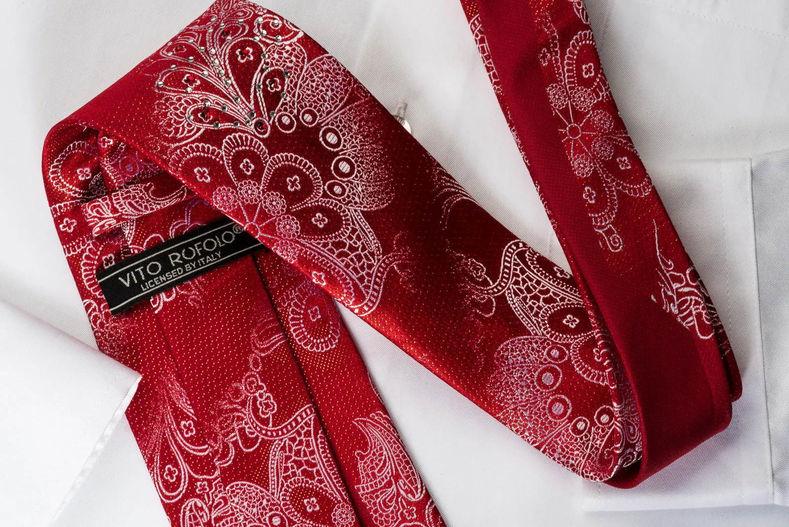 Vito Rufolo Rhinestone Silk Necktie Silver Floral Paisley On Red With Golden Sparkles